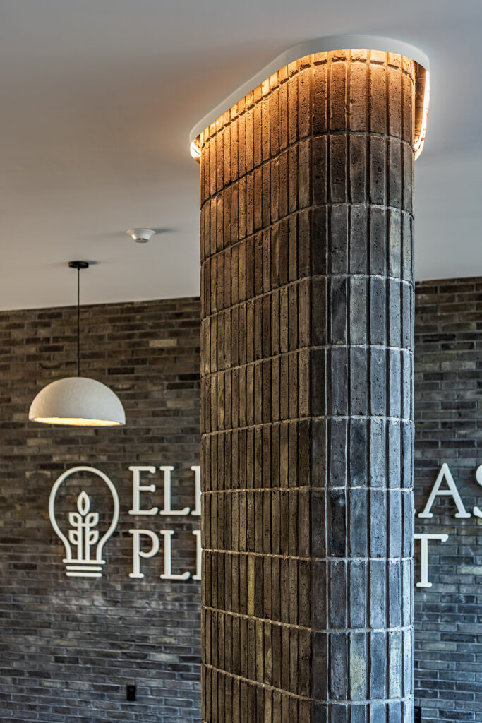 Interior lobby showing stone column of 11 east pleasant in Amherst, Massachusetts