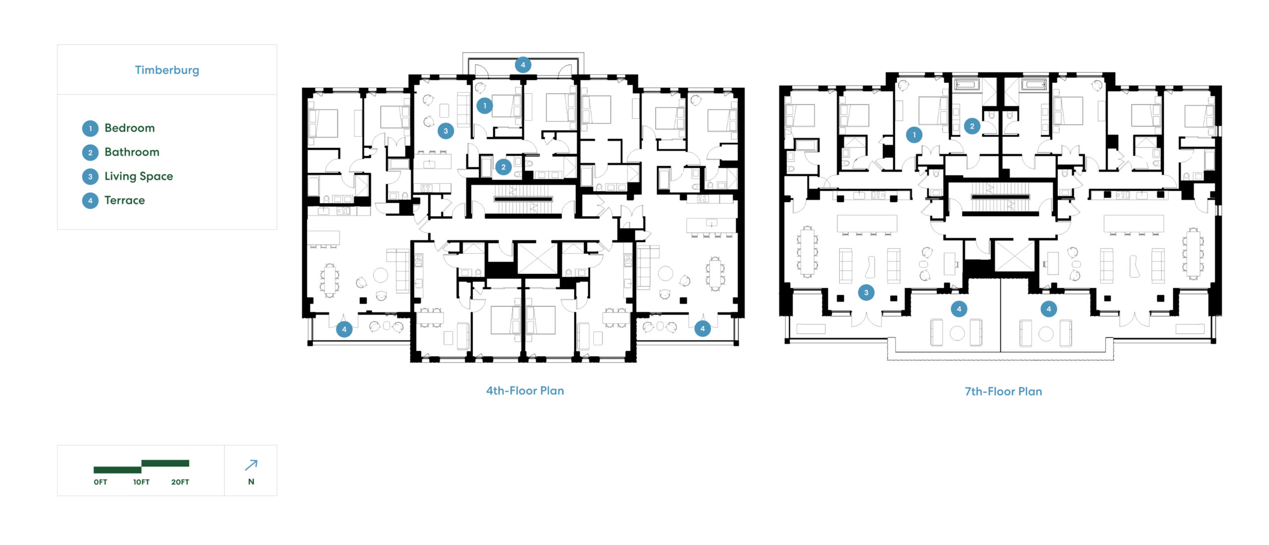 Fourth- and seventh-floor plans of Timberburg in New York City, showing condominium layouts, living spaces, and terraces.